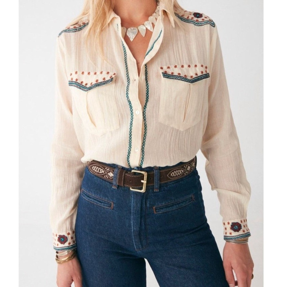 Maison Hotel Embroidered Western Button Up Shirt Small Cream Boho Gauze Blouse